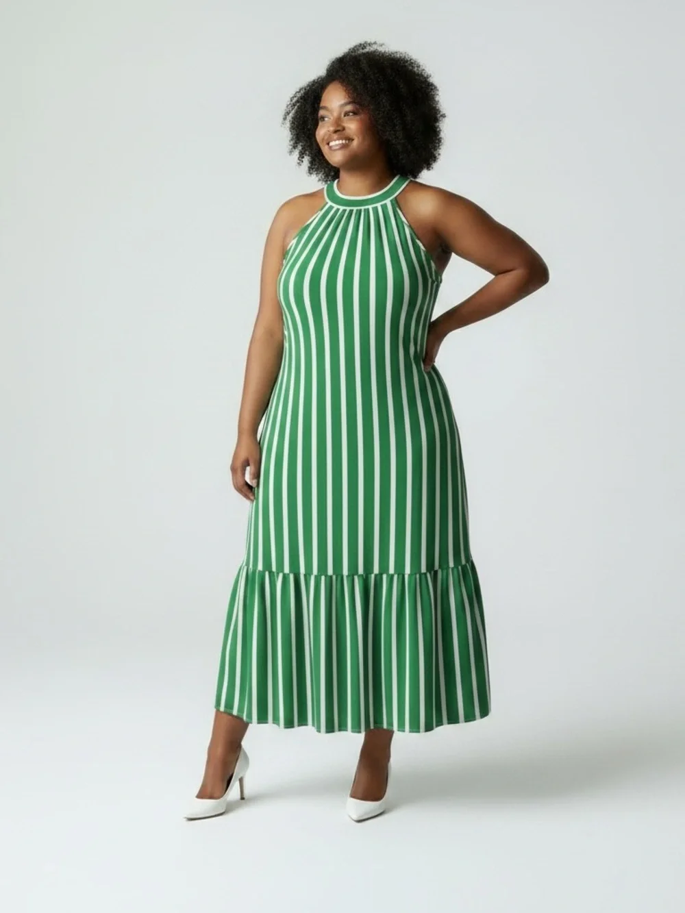 Rachel Zoe Green and White Striped Halter Maxi Dress NWOT Size Large